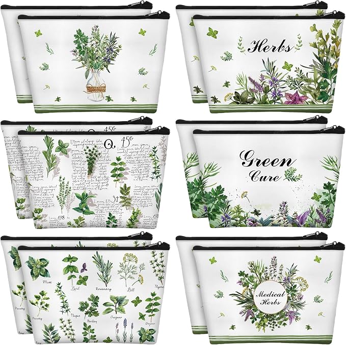 Sweetude 12 Pcs Green Plant Makeup Bag Bulk Vanilla Portable Travel Cosmetic Bags with Zipper Plant Grass Waterproof Roomy Travel Toiletry Organizer Storage Beauty Pouch for Women Plants Lover Gifts by Sweetude