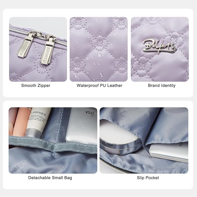 BOYATU Travel Makeup Bag Cosmetic Pouch: 2 Pcs Set Waterproof Vegan Leather Cosmetic Bags for Women - Cute Quilted Skincare Make up Toiletry Bag for Girl (03-Purple) - Image 5