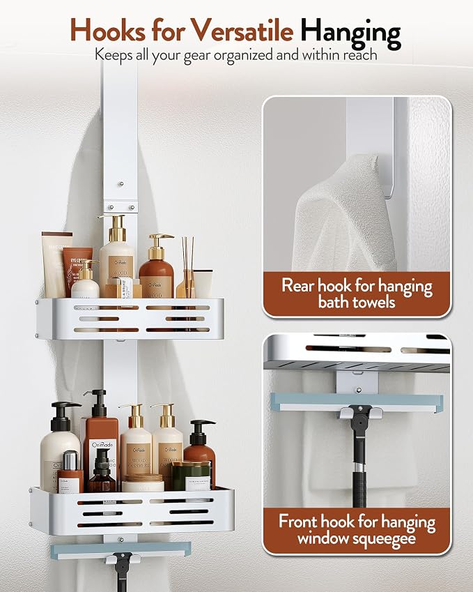 Orimade Aluminum Over the Door Shower Caddy, Rustproof Hanging Shower Organizer, Heavy Duty,Adjustable Height,Safe Rounded Edges, Bottom Plate to Hold Small Items, for Bathroom Storage, 2-Tier Silver - Image 8