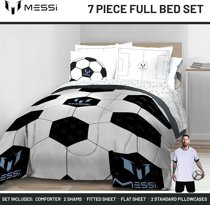 Jay Franco Kids Comforter Set Includes Sheets and Pillow Cover - Soft and Cozy Bed Set for Stylish Room Décor, White - Messi, 7 Piece Full - Image 2