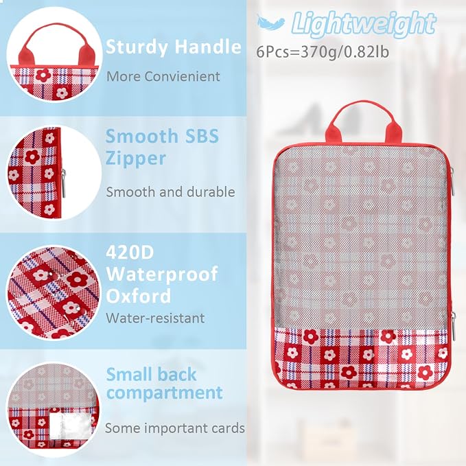 Geometric Flower Compression Packing Cubes for Travel (7 Piece) | Tear-Resistant, Separate Shoe Compartment, Travel Essential Organizer Bags for Clothes, Shoes & Toiletries, Red Blue Black - Image 4