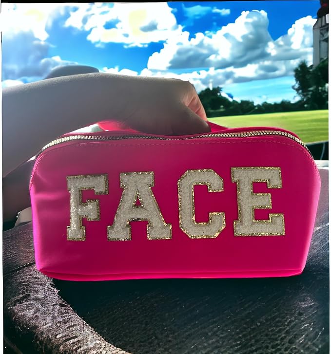 Chenille Letter Bags for Makeup- 2Pcs Set Face & Stuff Large Capacity Preppy Bags for Travel, Lay Flat Nylon & PU Leather Cosmetics Toiletry Makeup Bags (Hot Pink + Purple) - Image 4
