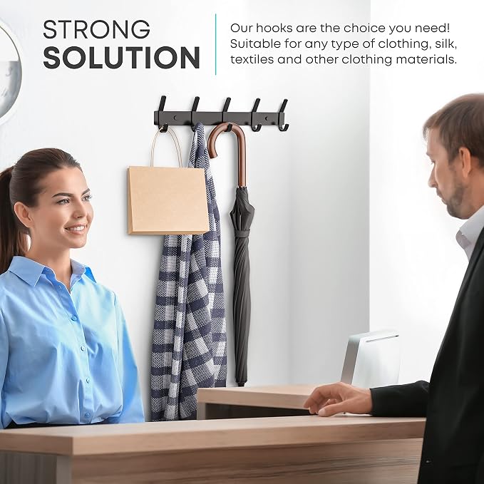 Coat Rack Wall Mount – 15 Inch Stainless Steel Hook Rail with 5 Double Coat Hooks for Hanging – Wall Mounted Entryway Organizer for Coats, Hats, Bags, Towels, Robes, Closet or Bathroom - Black 2 Pack - Image 5