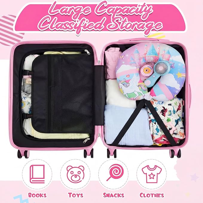 Sanwuta 4 Pcs Kids Luggage Set Back to School Gifts for Girls Boys Carry On Rolling Suitcase Backpack Neck Pillow Travel Set(18 Inch,Castle Unicorn Style,Pink Purple) - Image 7
