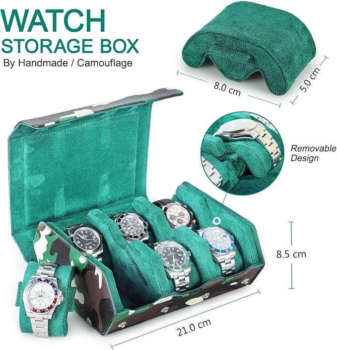 Hiram Genuine Leather Hexagon Watch Roll Travel Case, Military Camouflage Leather 6-Watches Roll Case with Removable Pillow Cushion for Treasured Watches and Bracelets-Camouflage Green - Image 2