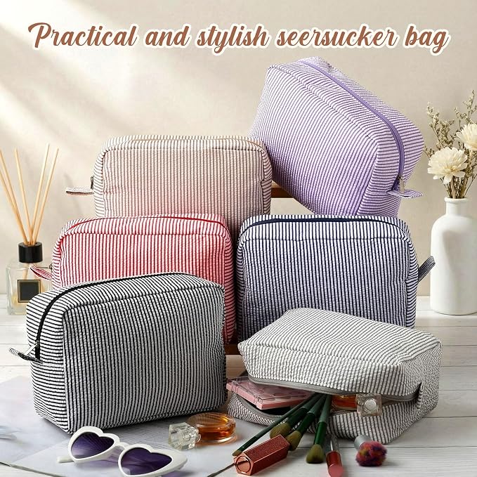 Sanwuta 6 Seersucker Cosmetic Bag Bulk Striped Makeup Bag for Women Aesthetic Cute Travel Toiletry Organizer Preppy Storage Pouch for Wedding Bridesmaid Mother's Day Teacher Gift (Large,Classic) - Image 4