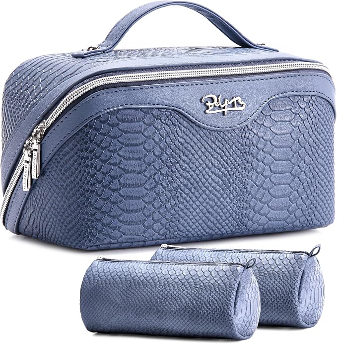 BOYATU Travel Makeup Bags for Women: 3 Pcs Set Wide Open Cosmetic Bag - Portable Make up Bags with Handle - Vegan Leather Toiletry Organizer Bag with Divider (G-05-Blue) by BOYATU