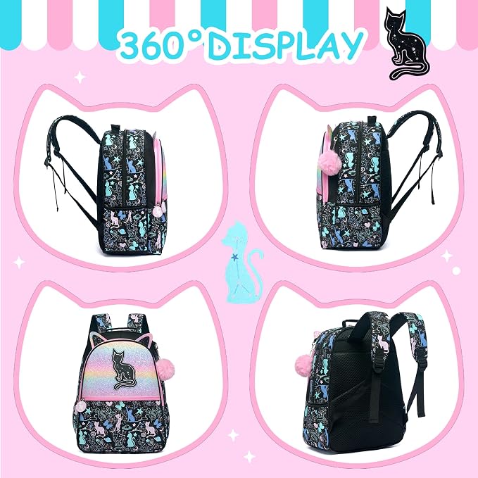Cute Cat School Backpacks for Girls Backpacks for School Black Bookbag with Lunch Box for Elementary Students Ages 6-8 Years Old - Image 3