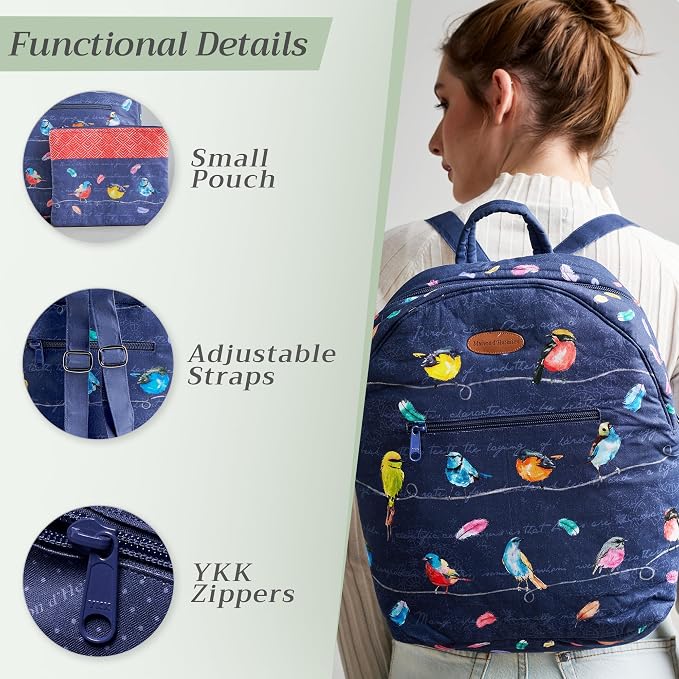 Maison d' Hermine Backpack for Women Men Cotton Shoulder Multipurpose Rucksack with Small Pouch Lightweight Multi Pocket Bag for Travel Work Perfect for Spring Summer (Birdies on Wire - Navy) - Image 4