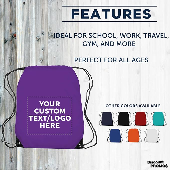 DISCOUNT PROMOS Custom Black Trim Drawstring Backpacks Set of 10/50/100, Personalized Bulk Pack - Gym Bag, Soccer Shoes, Water Resistant - Purple - Image 2