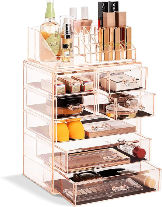 Sorbus Acrylic Makeup Organizer Set, 7-Drawer Vanity & Countertop Cosmetic Storage with Small & Wide Compartments, Pink Makeup Storage for Brushes, Jewelry – Holiday Gift for Women & Teens by Sorbus