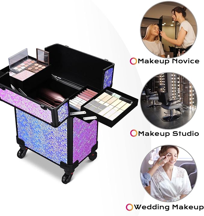 BYOOTIQUE Rolling Makeup Case Cosmetology case on wheels Makeup Artist Nail | Aluminum Rolling Makeup Suitcase with 360° Detachable Wheel Lockable 44Lb Large Capacity Organizer Nail Tech Mermaid Purple - Image 2