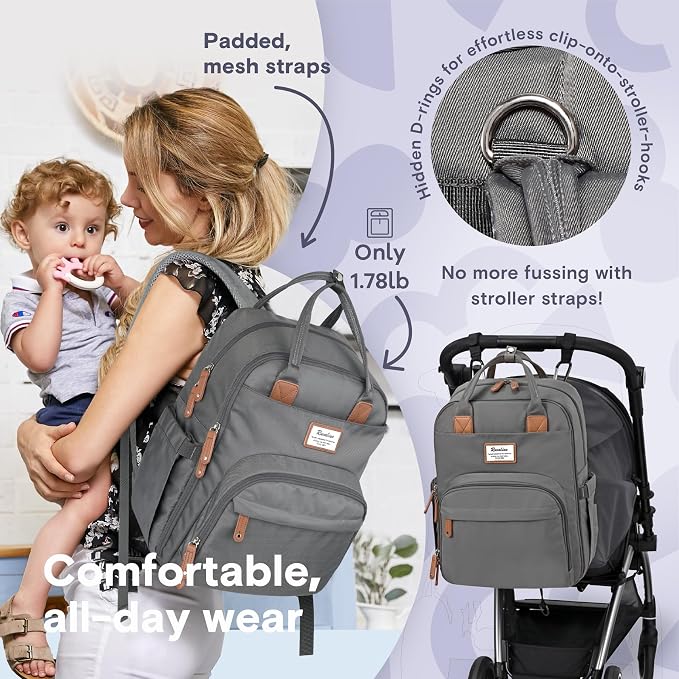 RUVALINO Diaper Bag Backpack, Multifunction Travel Back Pack Maternity Baby Changing Bags, Large Capacity, Waterproof and Stylish, Iron Gray - Image 6