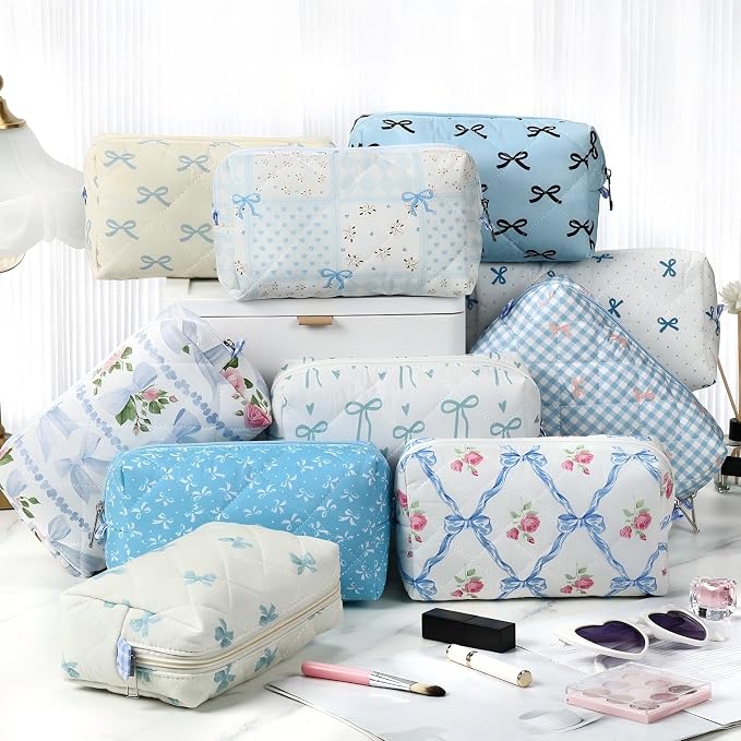 Paterr 10 Pcs Quilted Makeup Bag Bulk Cotton Floral Cosmetic Bag Women Girls Bridesmaid Gifts Cute Makeup Pouch Coquette Aesthetic Travel Toiletry Organizer(Blue Bow,6.30 x 3.94 Inches) - Image 3