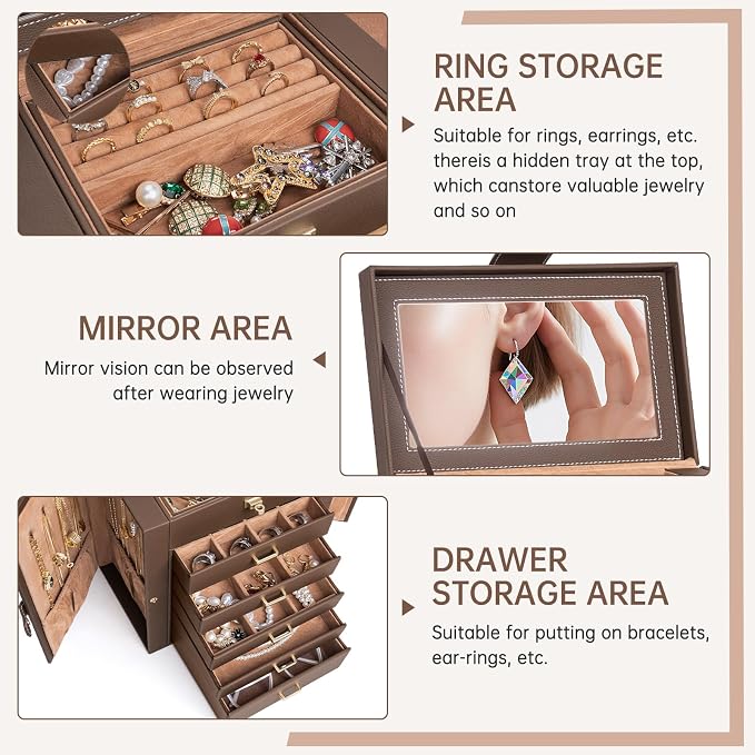 AKOZLIN 6-Tier Jewelry Box Organizer Functional 5 Drawers Leather Jewelry Storage Case for Women Girls Ring Necklace Earring Bracelet Holder Organizer with Mirror Medium Brown - Image 2