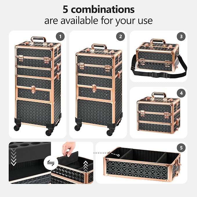 Makeup Train Case with Drawer, Rolling Makeup Case, Cosmetology Case on Wheels, Gift, Large Makeup Case Organizers, Professional for Salon Barber, Nail, Tattoo, Black Gold - Image 2