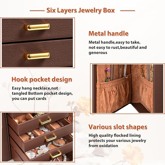 AKOZLIN 6-Tier Jewelry Box Organizer Functional 5 Drawers Leather Jewelry Storage Case for Women Girls Ring Necklace Earring Bracelet Holder Organizer with Mirror Brown Regular - Image 6