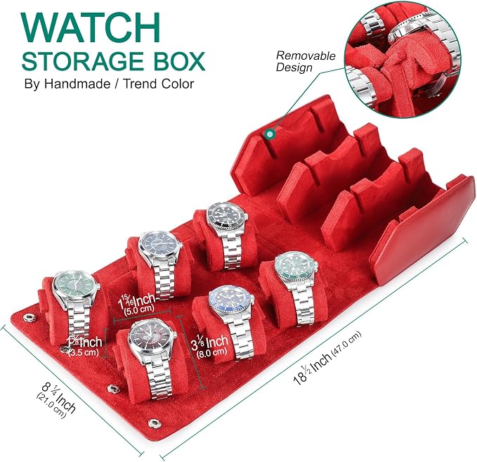 Hiram Saffiano Leather Hexagon Watch Roll Travel Case, Leather 6-Watches Roll Case with Removable Pillow Cushion for Treasured Watches and Bracelets - Red - Image 5
