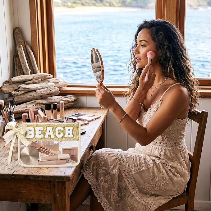 8 Pcs Boho Woven Straw Beach Makeup Bag Bulk Chenille Letter Bag Nylon Makeup Clear Zipper Pouch Preppy Waterproof Beach Necessities Vacation Essentials Toiletry Organizer for Women - Image 6