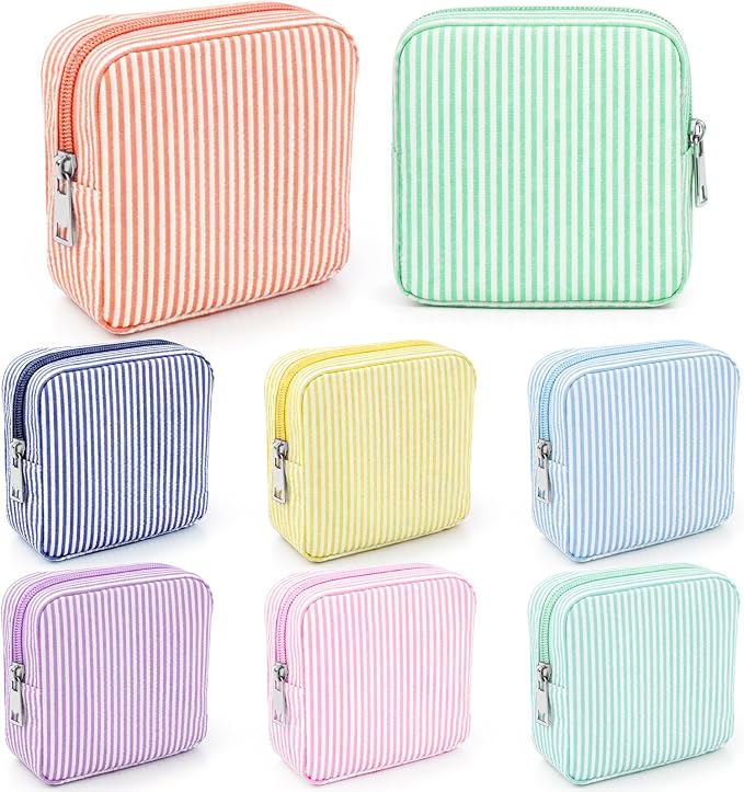 Giesiery 8 Pcs Seersucker Makeup Bags Striped Cosmetic Bags Bulk Organizer for Women Preppy Travel Toiletry Pouch for Wedding Bridesmaid Gifts (Macaron Color, Small) by Giesiery