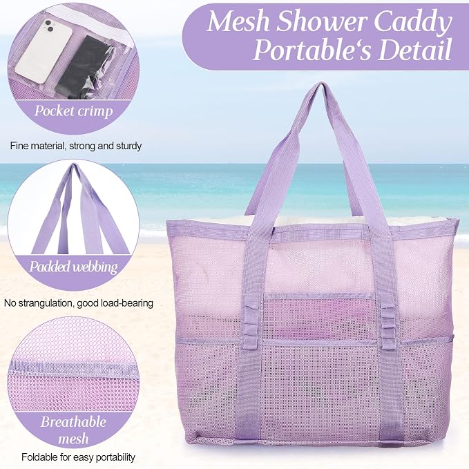 Hillban Large Beach Mesh Bags Bulk for Women Beach Tote Bag with 8 Pocket Zipper Waterproof Sandproof for Pool Cruise Ship - Image 5