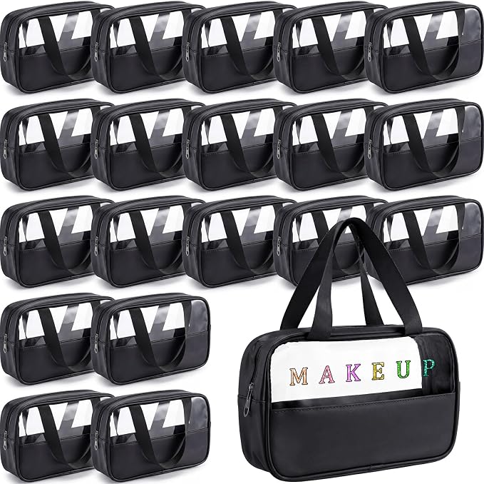 Buryeah 20 Pcs Translucent Makeup Bag Toiletry Organizer for Women Men Waterproof Portable Cosmetic Bag with Hanging Handles Travel Storage Carry Pouch Gifts for Bridesmaid (Black) by Buryeah