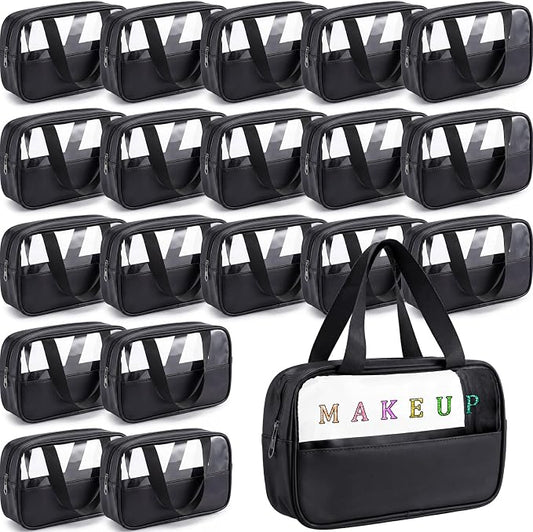 Buryeah 20 Pcs Translucent Makeup Bag Toiletry Organizer for Women Men Waterproof Portable Cosmetic Bag with Hanging Handles Travel Storage Carry Pouch Gifts for Bridesmaid (Black) by Buryeah