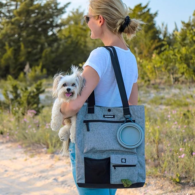 Cleverpup Park Pack 2-Piece Set Dog Gear Tote – Dog Travel Bag with 8 Pockets, Treat Pouch, Poop Bag Dispenser, Quick-Dry Ball Pocket, Collapsible Bowl, Perfect for Walks & Park Trips, Heather Grey - Image 2