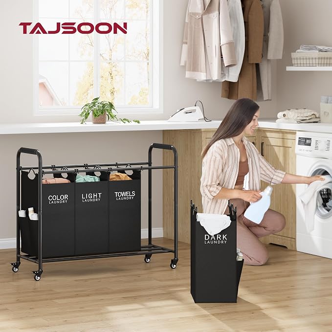 Tajsoon 4 Bag Laundry Sorter Cart, 4 Section Laundry Hamper Sorter with Heavy Duty Lockable Rolling Wheels, Laundry Separator Hamper with Removable Bags for Dirty Clothes Storage, Black - Image 2