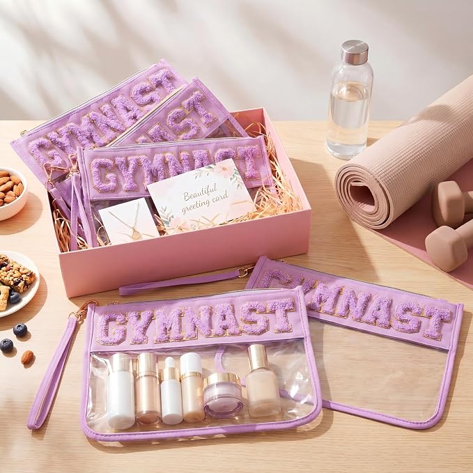6 Pcs Gymnastics Gifts Cosmetic Makeup Bags, Purple Clear PVC Zipper Pouch with Chenille Letter Patch, Waterproof Travel Toiletry Storage Bag for Team Girls Women Party Favor - Image 7