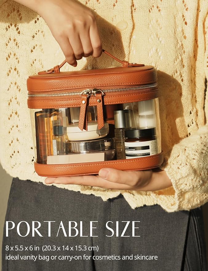 Popvibe Travel Makeup Case Clear Vanity Bag with Brush Holder, Compact Leather Train Case Brown Make Up Bag Storage Organizer Luxury Cosmetic Case Travel Essentials Cute Portable with Handle - Image 3
