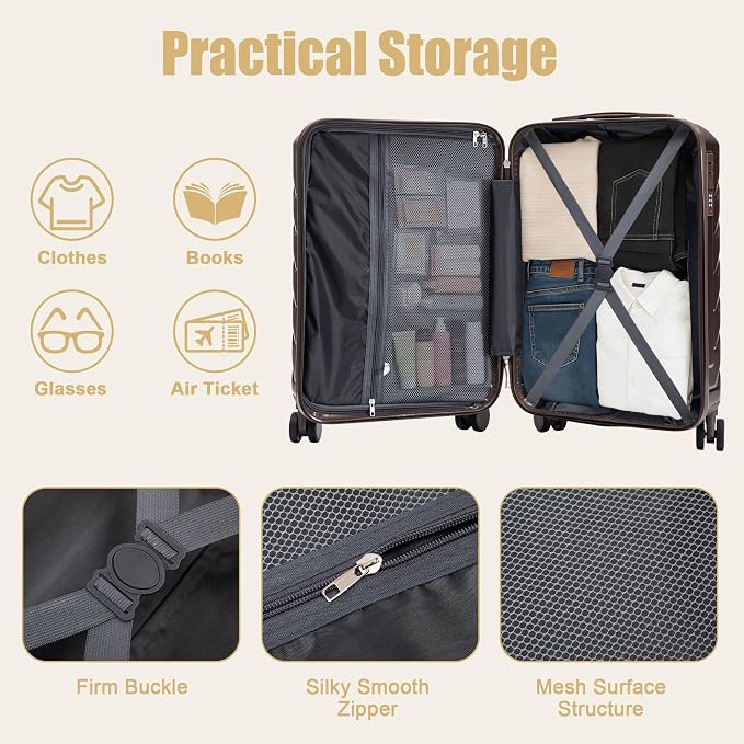 GDFStudio 20 Inch ABS Hard Shell Carry-On Luggage, Spinner Wheel Suitcase with Printed Stripe Pattern and TSA Combination Lock - Brown - Image 9