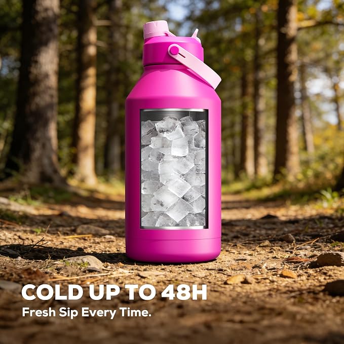 POWCAN 64 oz Insulated Metal Water Bottle for Women: 2-in-1 Straw & Spout Lid, Keep Cold 48H, Leakproof, Carrier Bag, Half Gallon Stainless Steel Water Bottle for Sports, Travel, and Fitness (Peony) - Image 2