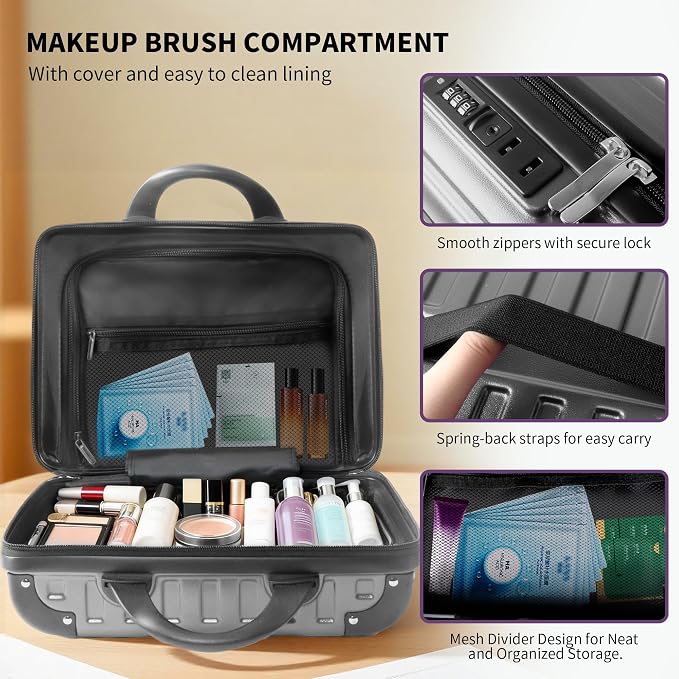 14 Inch Portable Waterproof Hard Shell Travel Makeup Case (Gray) | with Lock, ABS Scratch-Proof, Carrying Cosmetic Organizer Case with Elastic Band, Mini Suitcase Vanity Case for Women Girl - Image 4