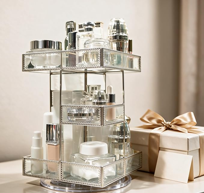 Luxury Silver Glass Cosmetic Storage Organizer, 4-Tier Makeup Display Case with Multiple Compartments, Countertop Vanity Organizer for Perfume, Skincare, Cosmetics, Bathroom Dresser Storage Rack - Image 8