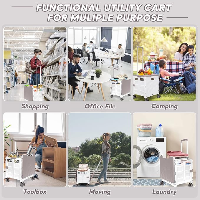 FELICON SELORSS Folding Utility Cart Portable Rolling Crate Handcart-White | Adjustable Handle+Extended Magnetic Lid,Storage Basket Box,4 Swivel Wheels Tote for Teacher Move Shop Travel Grocery Office - Image 8