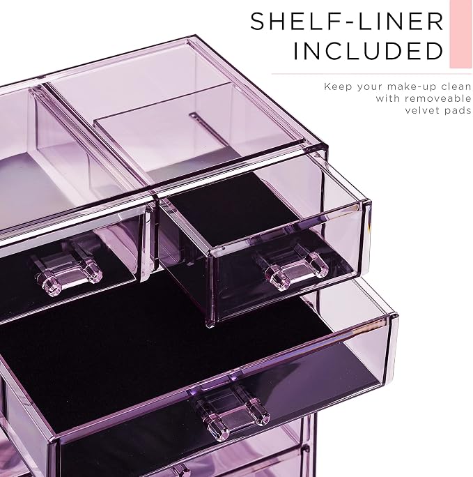Sorbus Acrylic Makeup Organizer Set, 6-Drawer Vanity & Countertop Cosmetic Storage with Small & Wide Compartments, Purple Makeup Storage for Brushes, Jewelry – Holiday Gift for Women & Teens - Image 6