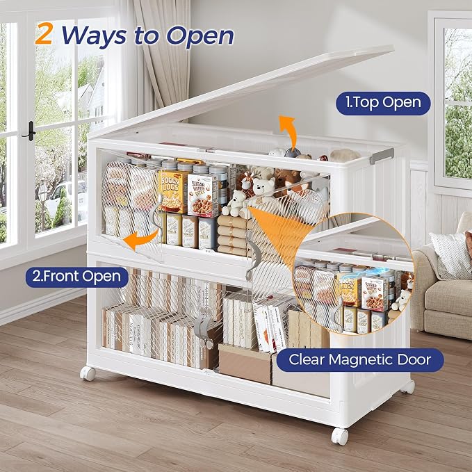 45Gal/180QT 3-Tiers Extra Large Stackable Storage Bins with Lid, Collapsible Cabinet Closet Organizer Plastic Container Box with Wheels Doors Drawers for Office Dorm Kitchen, White - Image 3