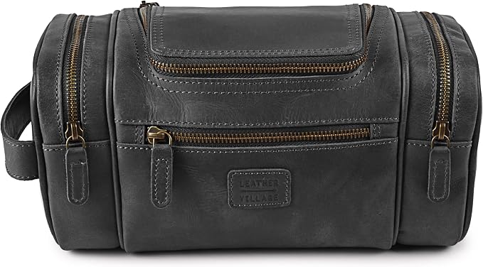 LEATHER VILLAGE Genuine Leather Travel Dopp Kit for Men & Women – Water-Resistant Large-Capacity Hanging Toiletry Bag for Travel, Grooming, Bathroom Organization, Shaving Essentials & Gym Use - Black - Image 2
