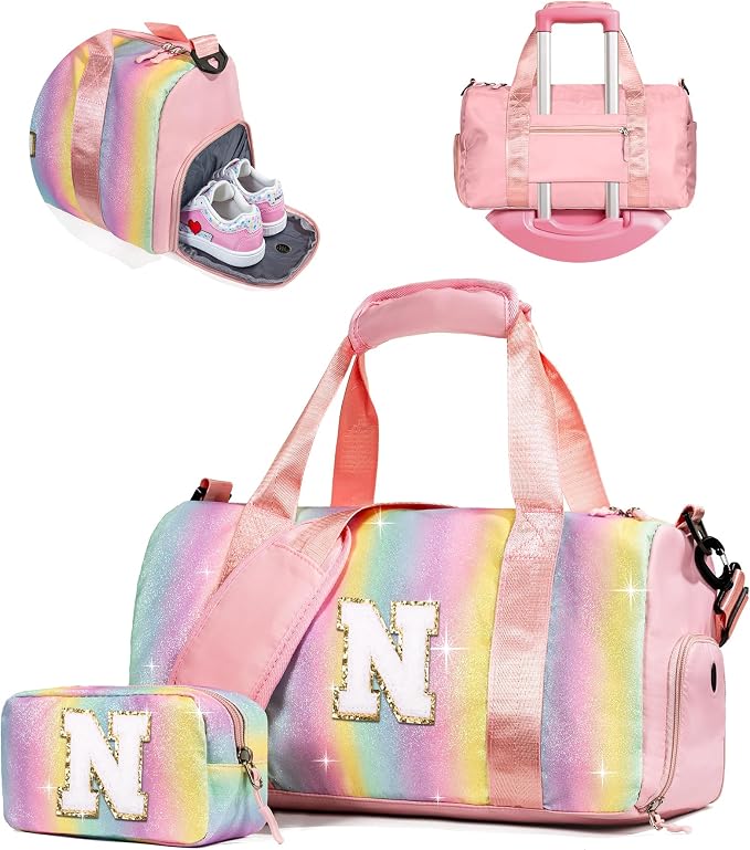 Gift Ideas for Kids Girls-Girl Gym Bag with Shoe Compartment, Kid Personalized Weekender Overnight Bags, Initial Travel Tote with Makeup Pouch, Graduation Gifts Granddaughter (Letter N) by Vogewood