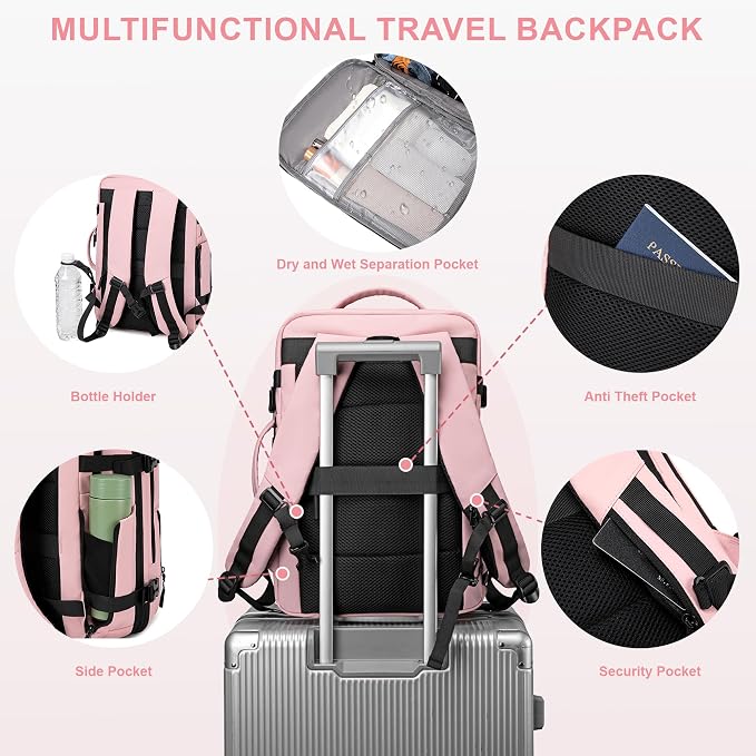 BAGOK Carry On Travel Backpack, Expandable Extra Large Airline Approved,Lightweight Daypack for Men and Women（Pink） - Image 5