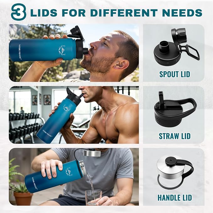 NATURE PIONEOR 24 oz Insulated Water Bottle with Carrier Bag & 3 Lids | 18/8 Food-grade Stainless Steel, Double Vacuum Insulation, 3 Leak-proof Lids, Strap, Camping, Hiking, Gym, Work - Image 5