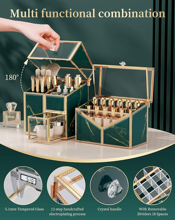 CoralHouse Makeup Organizer Countertop Set – Vanity Holder with 18-Slot Lipstick Organizer & Covered Makeup Brush Holder – Skincare, Perfume & Cosmetic Display for Bathroom or Dresser - Image 2