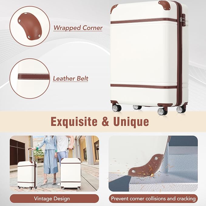 Merax Luggage Set 2 Piece Suitcase Set with Cosmetic Case Expandable Spinner Wheels Vintage Luggage Sets(White,20"+28") - Image 6