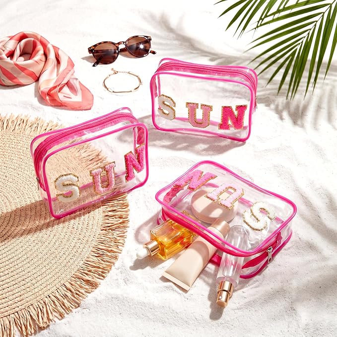 Kacctyen 12 Pcs Clear Sun Makeup Bags Bulk Sunscreen Pouch for Beach Pool Waterproof Toiletry Cosmetic Zipper Organizer with Preppy Chenille Letter Patch Women Girls Summer Vacation Gifts Essentials - Image 4