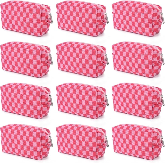 SOIDRAM 12PCS Checkered Makeup Bag Preppy Cosmetic Bag Bulk Hot Pink Makeup Pouch Personalize Travel Toiletry Bag Organizer Cute DIY Makeup Brushes Storage Bag for Women by SOIDRAM