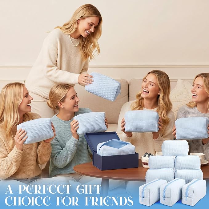 Gilprop 8 Pcs Holiday Gifts for Women Cozy Makeup Bag Portable Travel Waffle Toiletry Bag Soft Wedding Makeup Organizer Large Pouch with Zipper for Bridesmaid Friend (Light Blue) - Image 7