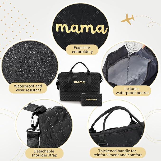 Dansydaisy Mama Hospital Bag for Women Labor Delivery Travel Duffle Bag with Shoe Compartment and Toiletry Pouch Waterproof Letter Embroidered for Pregnancy Weekender Overnight Gym Gift, Black - Image 4