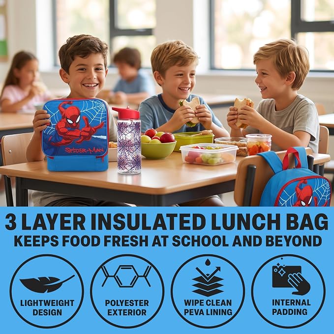 Get Trend Marvel Spider-Man Boys Backpack Set 4 Pc with Insulated Lunch Bag, Pencil Case & BPA Free Water Bottle for School, Gifts for Boys (Blue/Multi Spiderman) - Image 4