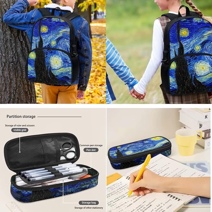 POLERO Starry Night Schoolbag Students Backpack Van Gogh Art Lunch Tote Bag Water Bottle Sling Bag Aesthetic Pencil Case Teacher - Image 4